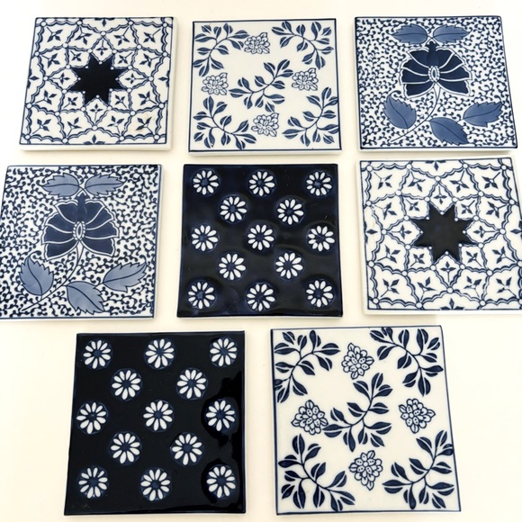 Set of 8 PIER 1 Chinoiserie Coasters Tiles Porcelain Bohemian Moroccan French